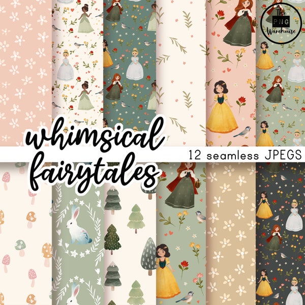 Whimsical Fairytales patterns - Digital Paper Pack - 12 JPegs - instant download - 300dpi - 12x12  seamless patterns backgrounds princess