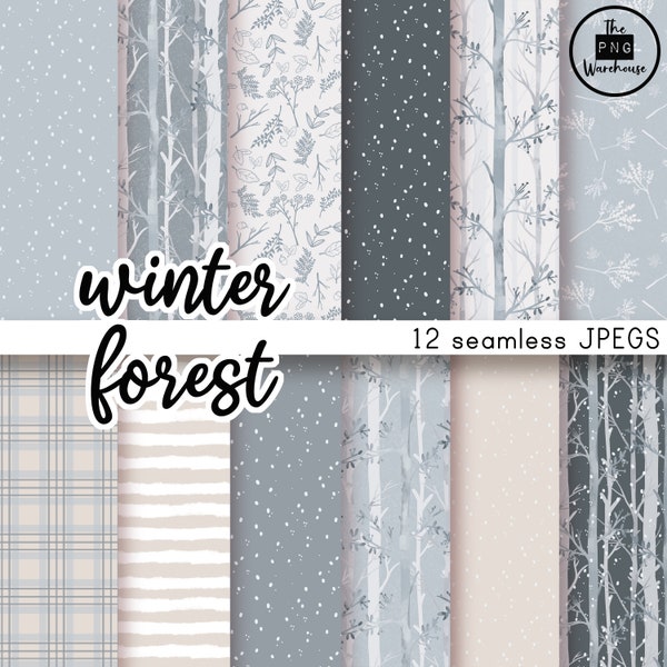 WINTER FOREST - Digital Paper Pack - 12 JPegs - téléchargement instantané - 300dpi - 12x12 pouces - motifs sans couture arrière-plans arbres bois neige