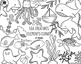 SEA CREATURES Lineart Elements - 24 png clip art designs - instant download 300 dpi line art non filled hand drawn elements doodles black