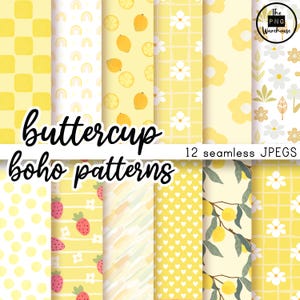BUTTERCUP BOHO patterns - Digital Paper Pack - 12 JPegs - instant download - 300dpi - 12x12  seamless patterns backgrounds yellow white