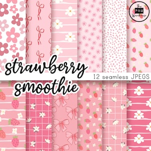 STRAWBERRY SMOOTHIE patterns - Digital Paper Pack - 12 JPegs - instant download - 300dpi - 12x12  seamless patterns backgrounds pink bow