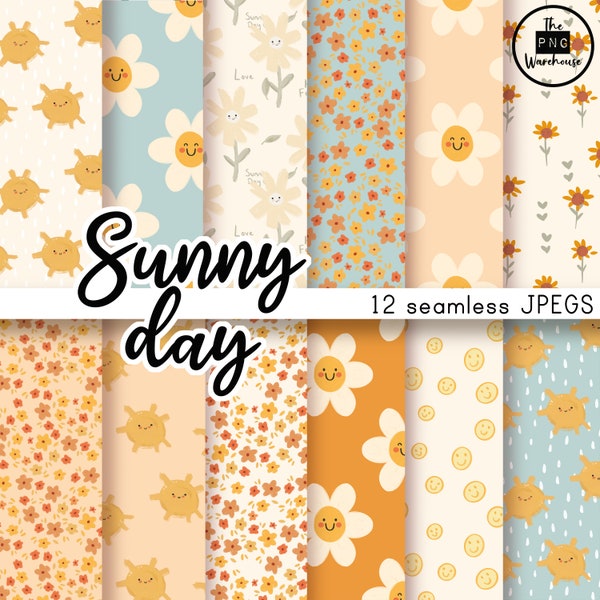 SUNNY DAY PATTERNS Digital Paper Pack - 12 JPegs - instant download - 300dpi - 12x12 inches seamless patterns backgrounds yellow sun daisy