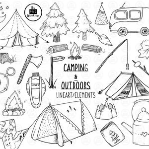 CAMPING + OUTDOORS Lineart Elements - 23 png clip art designs - descarga instantánea 300 dpi line art elementos dibujados a mano
