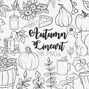Elementy liniowe AUTUMN Lineart - 28 projektów clipartów png - natychmiastowe pobranie 300 dpi line art niewypełnione elementy rysowane ręcznie bazgroły czarny jesień