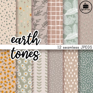 Pode incluir: Doze padrões de papel digital sem costura em tons terrosos. Os padrões incluem desenhos florais, geométricos e de folhas em tons de marrom, verde e branco.