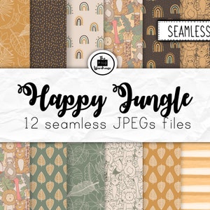 HAPPY JUNGLE - Pacote de papel digital sem costura - 12 JPegs - download instantâneo - 300dpi - 12x12 polegadas -berçário leões tigres preguiças animal brilhante