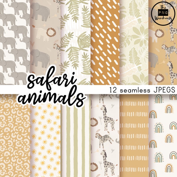 SAFARI ANIMALS PATTERNS Digital Paper Pack - 12 JPegs - instant download - 300dpi - 12x12 inches seamless patterns backgrounds lion zebra