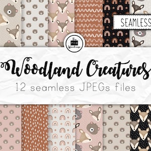 WOODLAND CREATURES - Digital Paper Pack - 12 JPegs - instant download - 300dpi - 12x12 inches - seamless patterns background deer bear fun