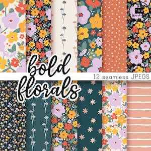Könnte beinhalten: Ein Set mit 12 digitalen nahtlosen Blumenmustern in verschiedenen Farben, darunter Gelb, Orange, Rosa, Grün und Blau. Die Muster zeigen kräftige, abstrakte Blumendesigns. Der Text "bold florals" und "12 seamless JPGs" ist im Bild enthalten.