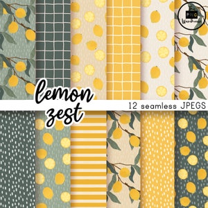 LEMON ZEST - Digital Paper Pack - 12 JPegs - téléchargement immédiat - 300dpi - 12x12 pouces - arrière-plans de motifs sans couture boho vert jaune