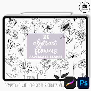 May include: A digital illustration of 21 abstract flower designs. The flowers are black and white and are arranged in a grid pattern. The text "21 abstract flowers Procreate Stamps" is in the center of the image. The image is compatible with Procreate and Photoshop.