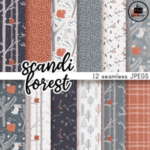 May include: A collection of 12 seamless JPEG patterns with a Scandi forest theme. The designs feature squirrels, rabbits, trees, and dotted patterns in shades of gray, orange, and white. The text "scandi forest" is displayed in a cursive font.
