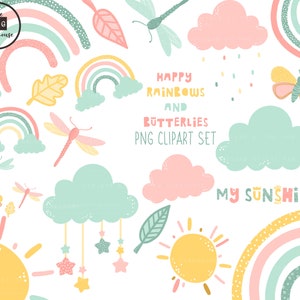 May include: A set of digital clipart featuring rainbows, butterflies, clouds, and a sun with the text "Happy Rainbows and Butterflies PNG Clipart Set" and "My Sunshine". The clipart is in a pastel color scheme of pink, blue, and yellow.