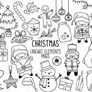 CHRISTMAS Lineart Elements - 29 projektów clipartów png - natychmiastowe pobranie 300 dpi line art niewypełnione ręcznie rysowane elementy bazgroły czarny xmas