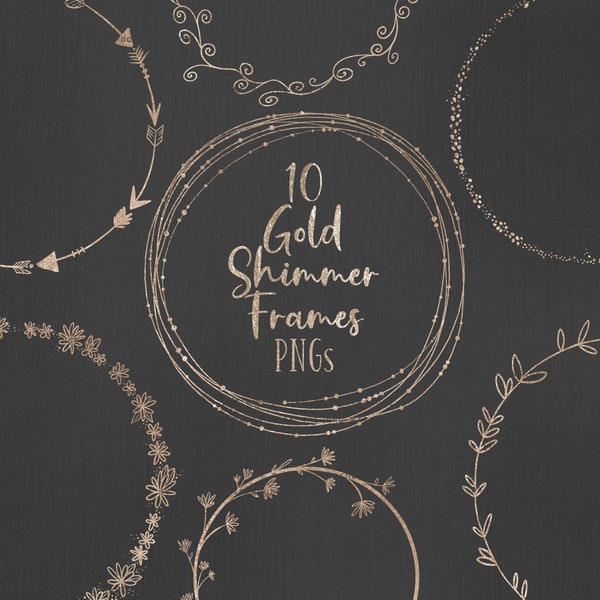 10 GOLD SHIMMER WREATHS - 15 png clip art designs - instant download - 300 dpi - 5.5 inches - digital asset - frames wreath glitter  golden