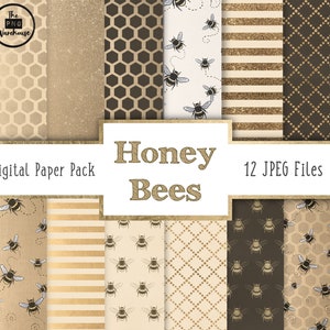 HONEY BEES - Digital Paper Pack - 12 JPegs - instant download - 300dpi - 12x12 inches - gold bees stripes foil glitter metallic brown set
