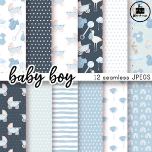 BOYS BABY SHOWER - Digital Paper Pack - 12 JPegs - instant download - 300dpi - 12x12 inches - seamless patterns backgrounds stalk blue pram