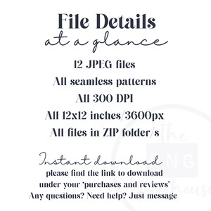 May include: Text overlay on a white background with the words "File Details at a glance" in black.  The text below lists the details of the digital product: 12 JPEG files, all seamless patterns, all 300 DPI, all 12x12 inches/3600px, all files in ZIP folder/s.  The text "Instant download" is written in cursive.  The text below explains how to download the files.