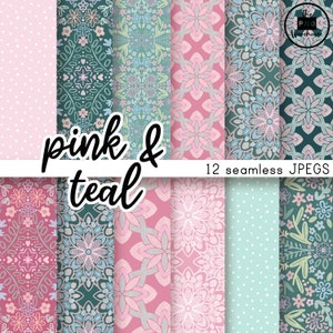 May include: A set of 12 digital paper patterns featuring pink and teal colors. The patterns include floral designs, polka dots, and geometric shapes. The text "pink & teal" and "12 seamless JPGs" is included in the image.