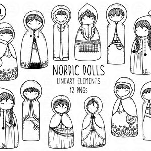 NORDIC DOLLS Lineart Elements - 12 PNG diseños de imágenes prediseñadas - descarga instantánea 300 dpi line art non filled garabatos dibujados a mano boho scandi negro
