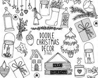 May include: A set of 29 black and white hand-drawn Christmas illustrations. The illustrations include a Christmas tree, ornaments, a lantern, a house, a gift, a candle, a mug, a bird, and a sign that says "Merry Christmas".