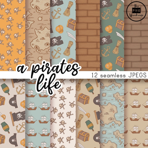 A PIRATES LIFE - Digital Paper Pack - 12 JPegs - download istantaneo - 300dpi - 12x12 pollici - modelli senza cuciture sfondi pirata oceano bambini