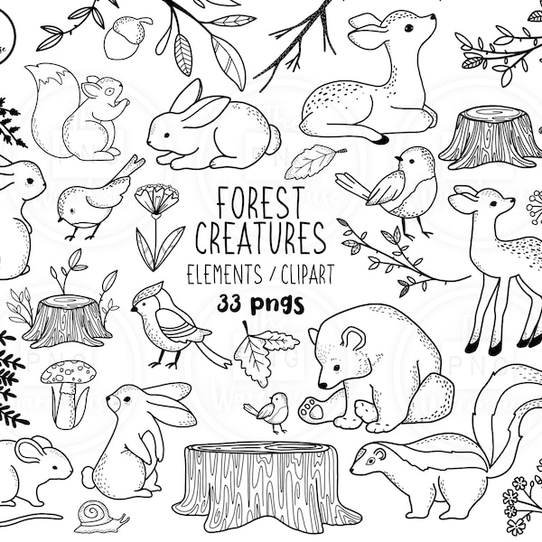 FOREST CREATURES Lineart Elements - 33 png clip art designs - instant download 300 dpi line art non filled hand drawn elements doodles black
