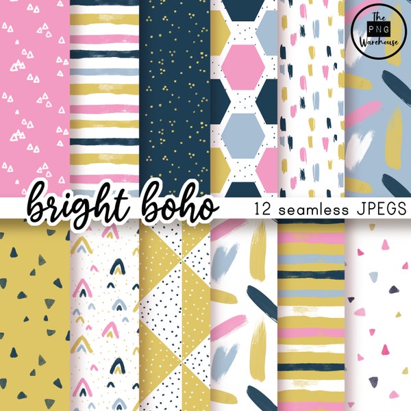 BRIGHT BOHO PATTERNS - Seamless Digital Paper Pack - 12 JPegs - instant download - 300dpi - 12x12 inches - bright abstract pink navy white