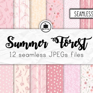 Puede incluir: Un conjunto de 12 patrones digitales sin costuras con diseños florales, de lunares y de bosque en rosa y blanco. Los patrones están etiquetados como "Summer Forest" y están disponibles en archivos JPEG.