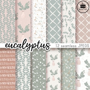 EUCALYPTUS - Digital Paper Pack - 12 JPegs - instant download - 300dpi - 12x12 inches - seamless patterns backgrounds vines leaves boho