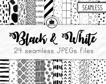 May include: A set of 24 black and white seamless patterns. The patterns include geometric shapes, stripes, dots, and abstract designs. The patterns are perfect for use in digital and print projects.