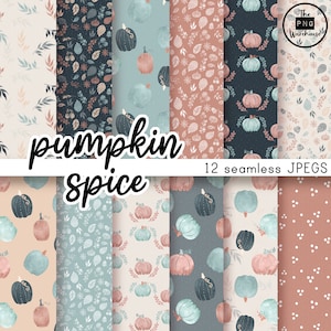 Peut inclure: Douze motifs de papier numérique sans couture représentant des citrouilles, des feuilles et un style aquarelle dans des tons de bleu, rose et marron. Le texte "pumpkin spice" et "12 seamless JPEGs" est inclus dans l'image.