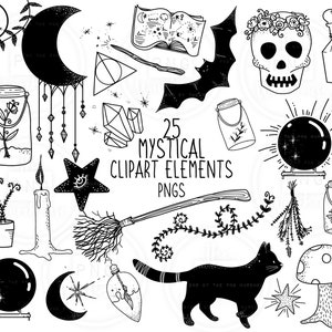 MYSTICAL WITCH Lineart Elements - 25 png clip art designs - instant download 300 dpi -line art non filled hand drawn elements doodles black