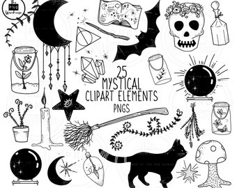 MYSTICAL WITCH Lineart Elements - 25 png clip art designs - instant download 300 dpi -line art non filled hand drawn elements doodles black
