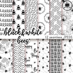 May include: Twelve black and white seamless digital paper patterns featuring bees, honeycombs, and floral designs. The text "black & white bees" and "12 seamless JPEGs" is included in the image.