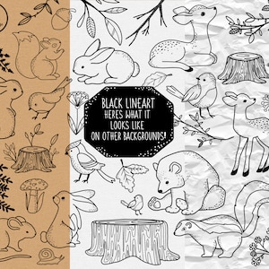 FOREST CREATURES Lineart Elements 33 png clip art designs instant download 300 dpi line art non filled hand drawn elements doodles black image 2