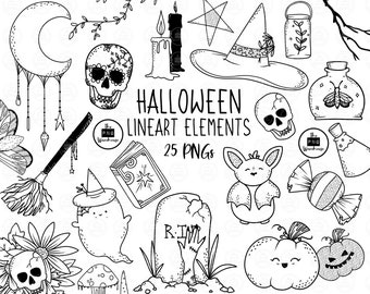 HALLOWEEN Lineart Elements - 25 png clip art designs - instant download 300 dpi line art non filled hand drawn elements doodles black boho