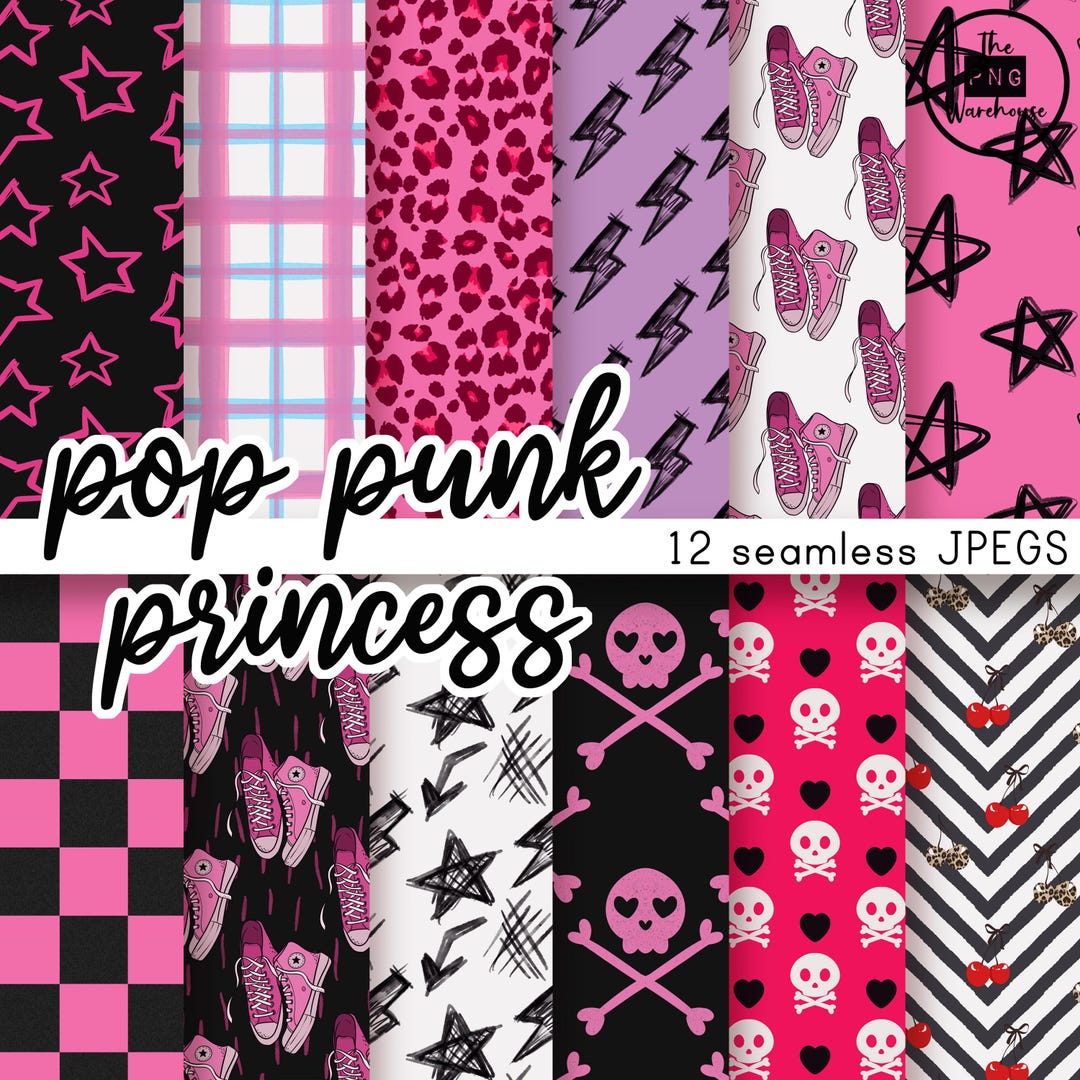 Pop Punk Princess Digital Paper Pack | 12 Seamless Patterns | Black ...