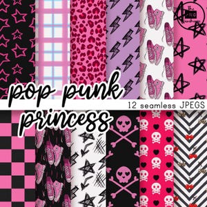 May include: A collection of 12 seamless JPEG patterns with a pop punk princess theme. Designs include pink stars, leopard print, lightning bolts, sneakers, skulls, and checkerboard patterns. The text "pop punk princess" is displayed in a cursive font.