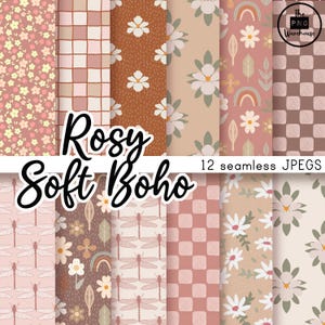 ROSY SOFT BOHO パターン - デジタル ペーパー パック - 12 JPeg - 即時ダウンロード - 300 dpi - 12x12 シームレス パターン 背景 ピンク ベージュ クリーム