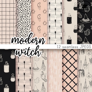 May include: A set of 12 digital seamless patterns featuring a modern witch theme. The patterns include various designs such as a grid, polka dots, sun and moon, dragonflies, potion bottles, crystals, and a witch's hat. The patterns are in black and white with a pink background.