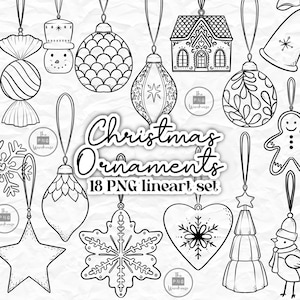 ENFEITES DE NATAL Elementos de Lineart 18 png clipart designs download instantâneo 300 dpi arte de linha não preenchida elementos desenhados à mão rabiscos pretos