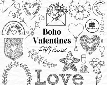 VALENTINES Lineart Elements - 21 png clip art designs  instant download 300 dpi line art non filled hand drawn elements doodles black