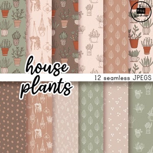 PLANTAS DE INTERIOR - Paquete de papel digital - 12 JPegs - descarga instantánea - 300 ppp - 12 x 12 pulgadas - fondos con patrones sin costuras, estilo bohemio y garabatos verdes