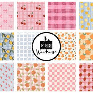 May include: A collection of twelve patterned digital papers. Designs include pink bows, cherries, gingham, lemons, oranges, strawberries, and checkered patterns. The PNG Warehouse logo is in the center.