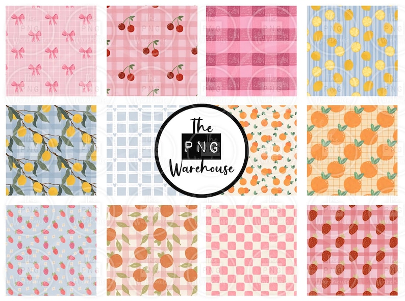 May include: A collection of twelve patterned digital papers. Designs include pink bows, cherries, gingham, lemons, oranges, strawberries, and checkered patterns. The PNG Warehouse logo is in the center.