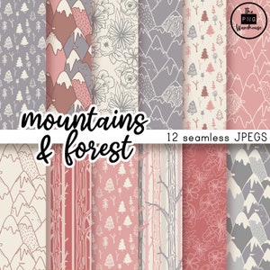 FOREST + MOUNTAINS - Digital Paper Pack - 12 JPegs - instant download - 300dpi - 12x12 inches - seamless patterns backgrounds pink grey tree