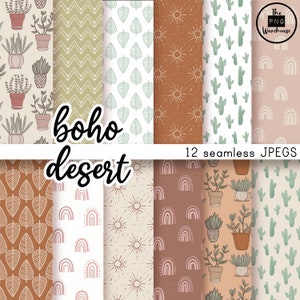 BOHO DESERT - Digital Paper Pack - 12 JPEG - download istantaneo - 300 dpi - 12x12 pollici modelli senza cuciture sfondi arcobaleni moderni cactus