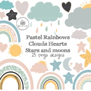 May include: A set of 25 pastel-coloured digital clipart images featuring rainbows, clouds, hearts, stars, and moons. The images are perfect for crafting, scrapbooking, and other creative projects.