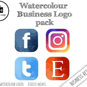 May include: Four watercolour logo designs for social media platforms. The logos are in blue, red, orange, and purple. Each logo is 3.5 inches by 3.5 inches. The logos feature the Facebook, Instagram, Twitter, and Etsy icons.